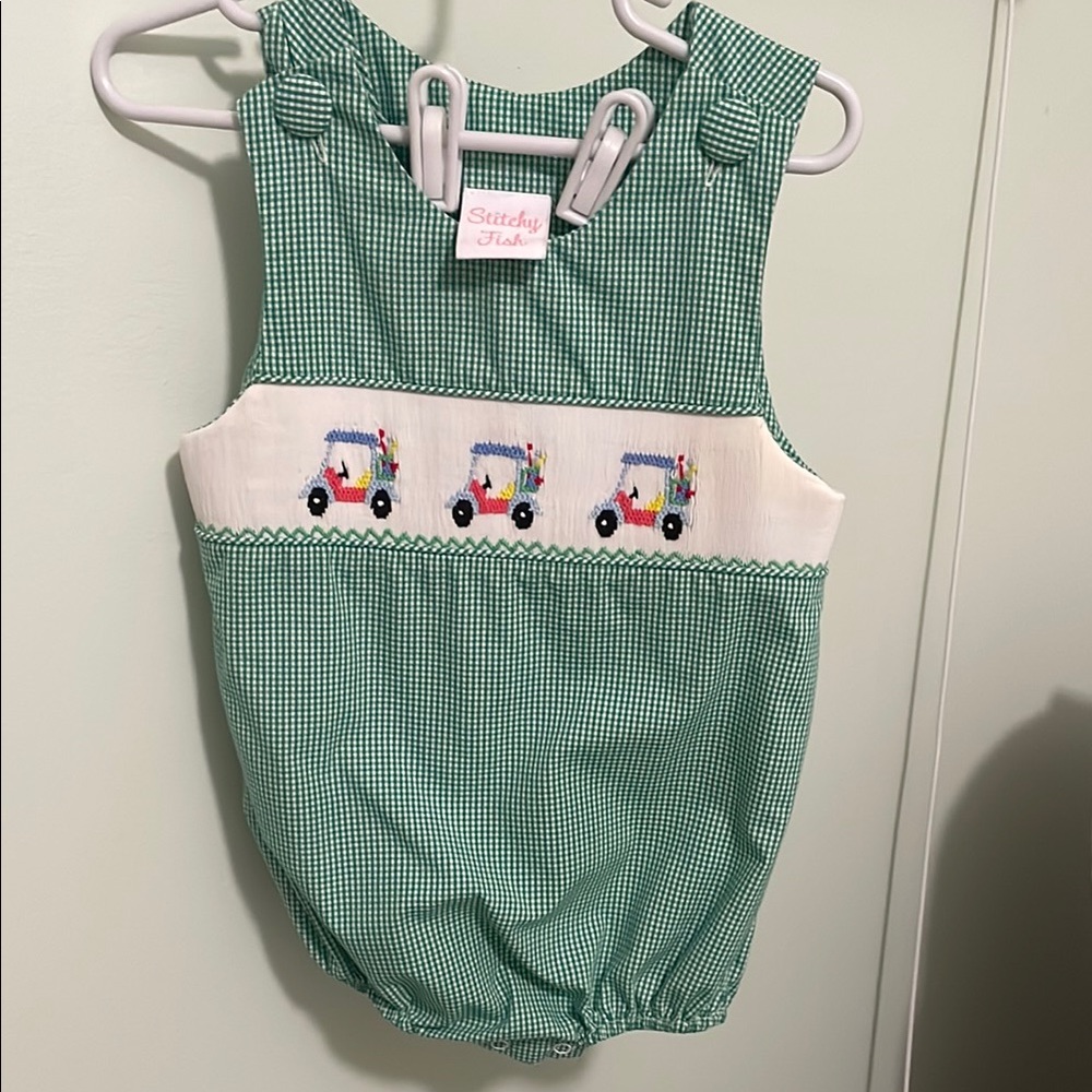 Green Gingham Baby Romper with Embroidered Cars
